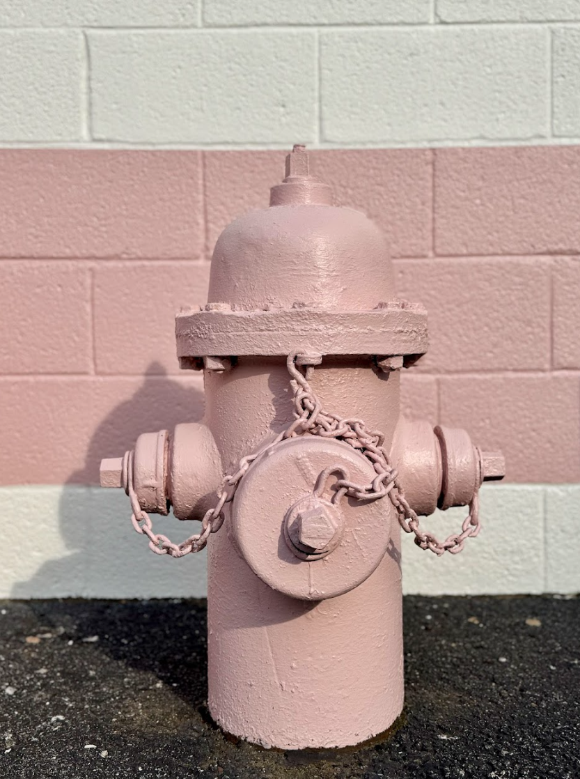 A pink fire hydrant is sitting in front of a pink and white brick wall.