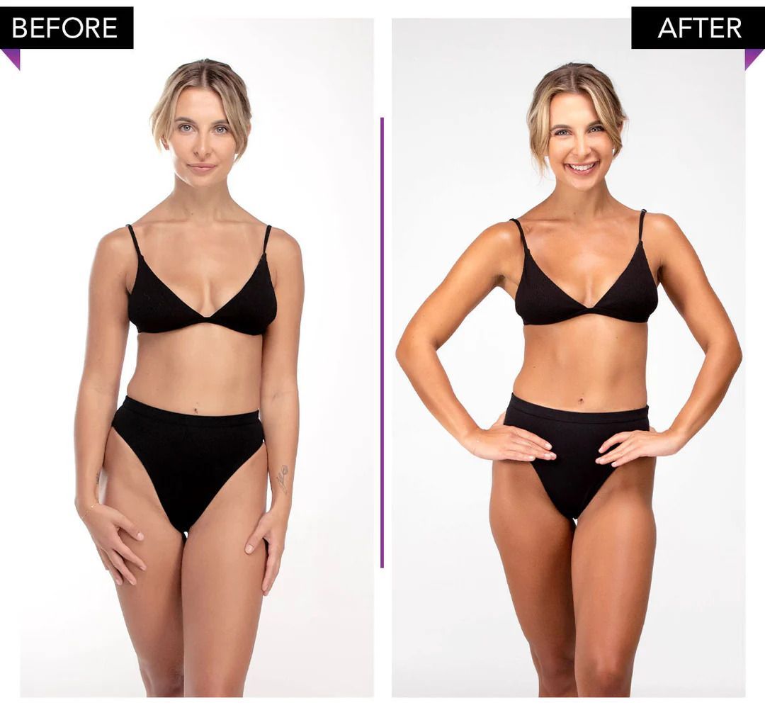 A before and after picture of a woman with elegant tan skin after a spray tanning session in Lancaster PA.
