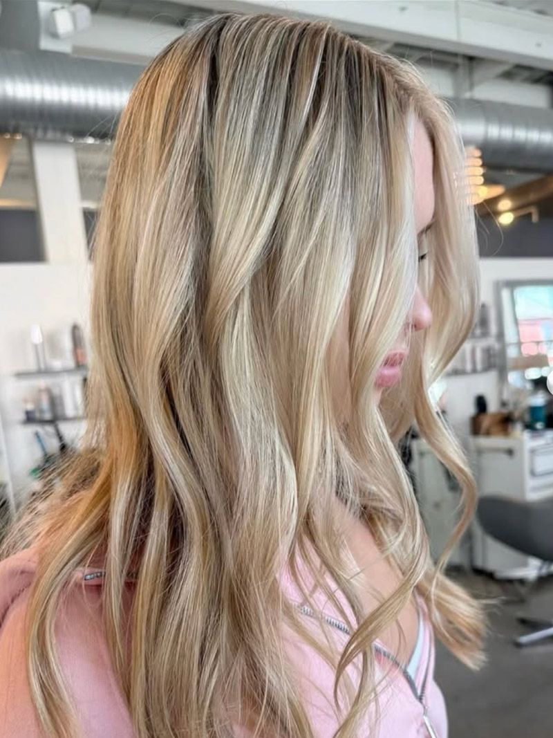 Profile view of a person with long, wavy blonde hair featuring crimped texture and highlights at Luxe Salon and Spa.