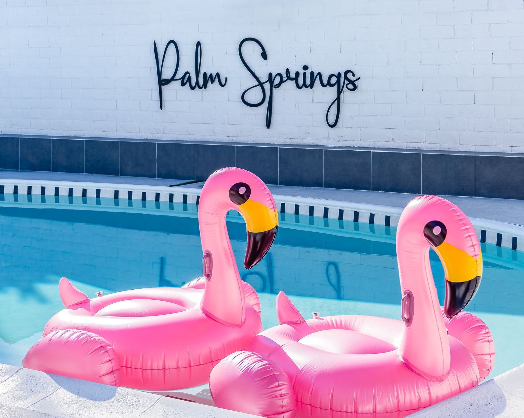 Two pink flamingos are floating in a swimming pool.