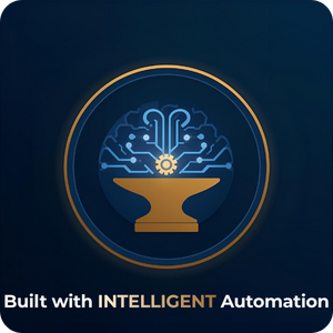 Logo: Brain-shaped circuit board over a gear on an anvil, inside a gold ring,