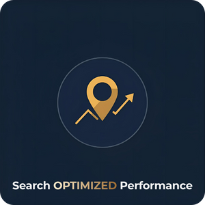 Icon of a gold location pin and upward trending line on a dark blue background;