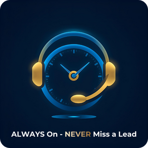 Headset over clock face, illuminated with a blue and gold gradient, with the text