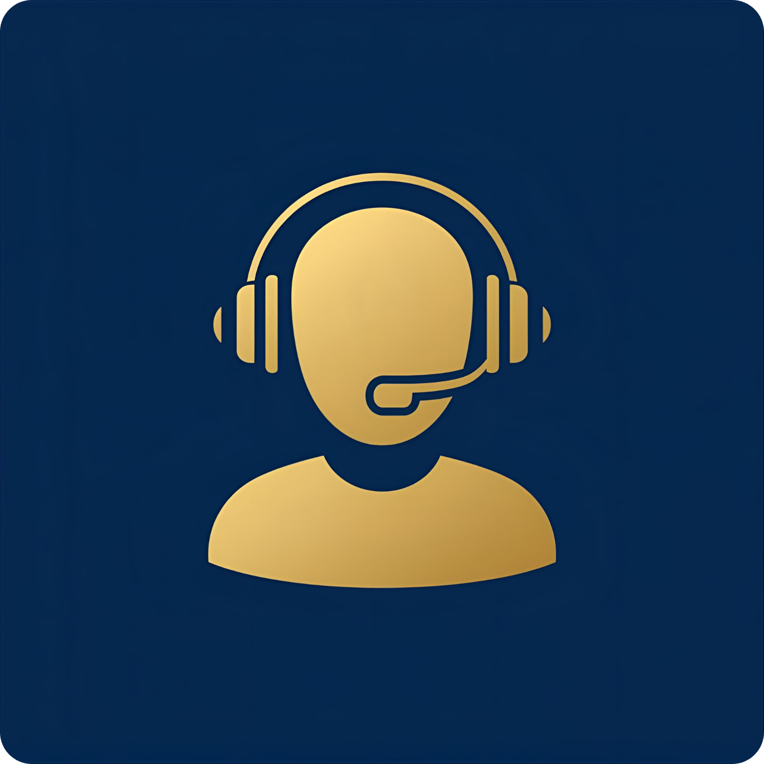 Golden silhouette of person wearing a headset on a dark blue background; customer support icon.