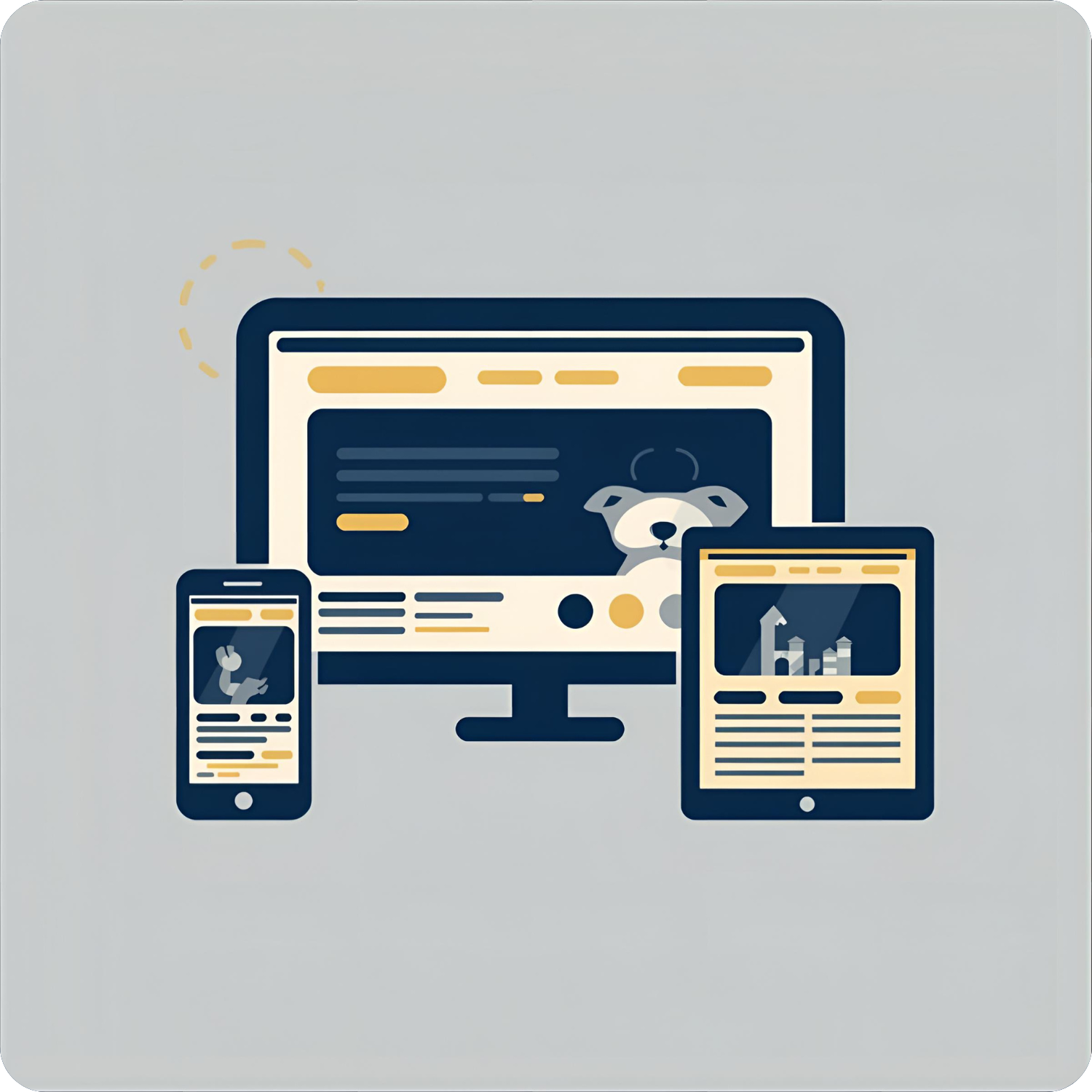 Responsive website design on a computer, phone, and tablet in navy, yellow, and white.