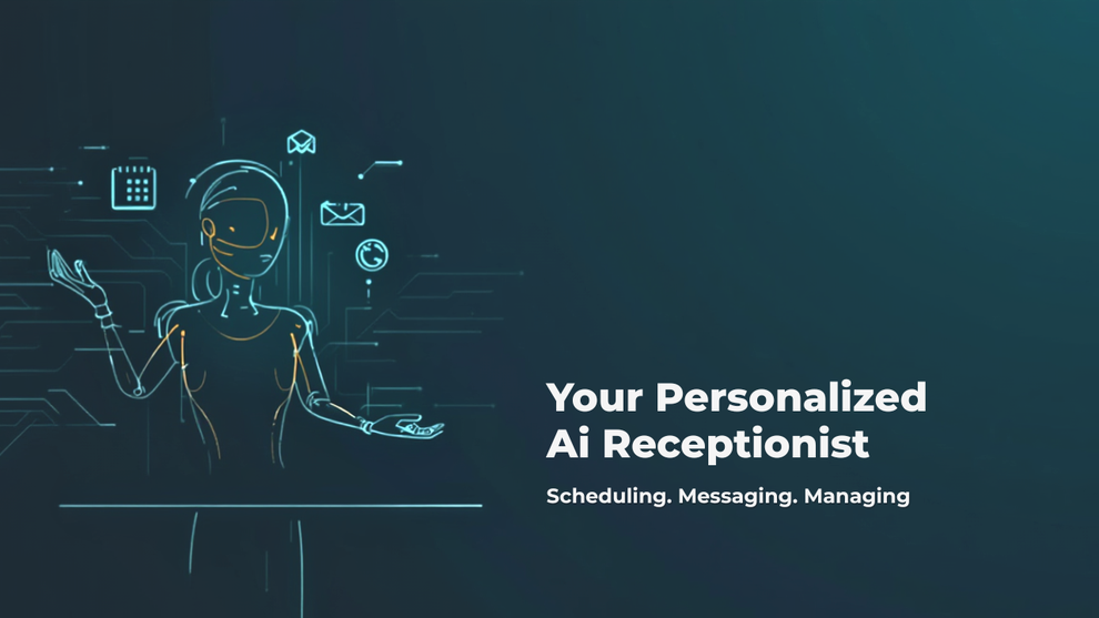 A teal graphic showing an AI receptionist. A female robot figure with icons, text