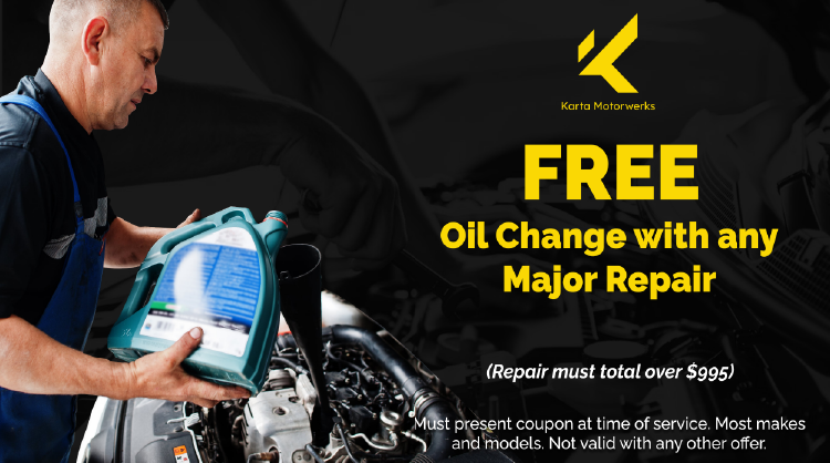 Free oil change with any major repair special | Karta Motorwerks