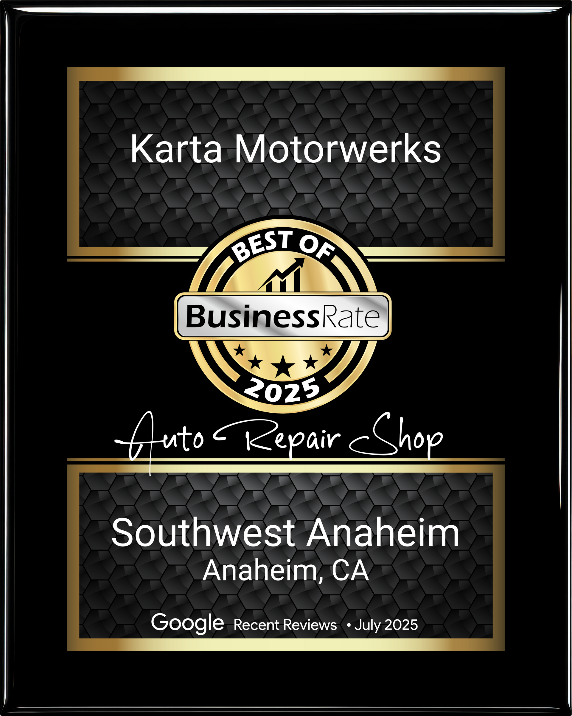Award plaque for Karta Motorwerks, 