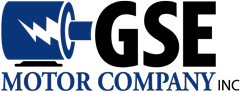 Logo for GSE Motor Company, featuring a blue motor graphic and the letters