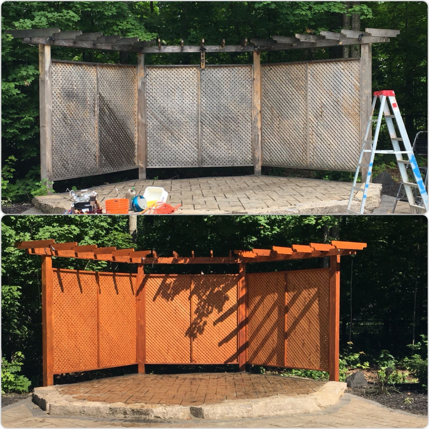 A before and after picture of a wooden pergola
