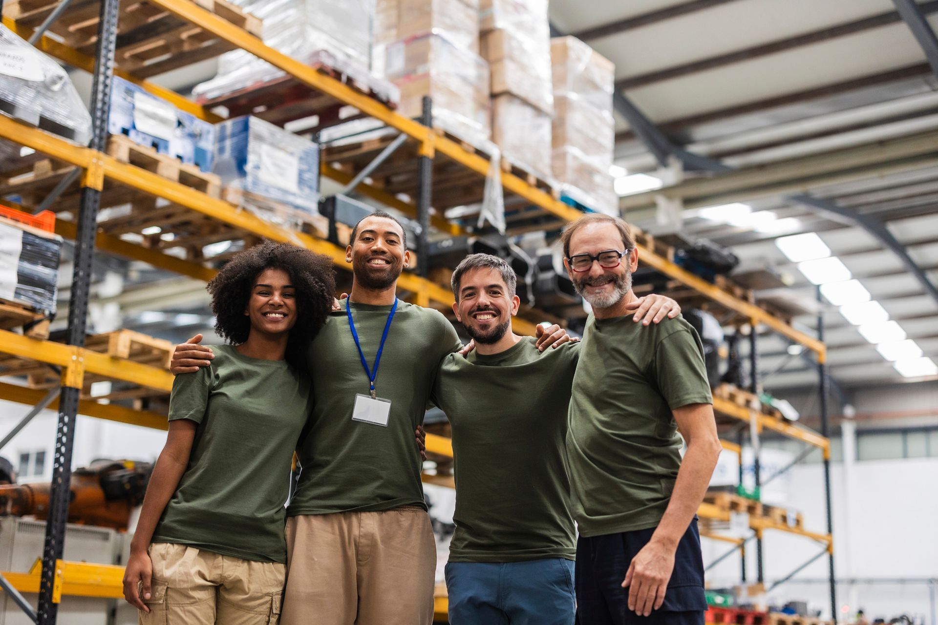 Warehouse workers in green shirts, arms around each other, smiling in front of shelves with boxes.