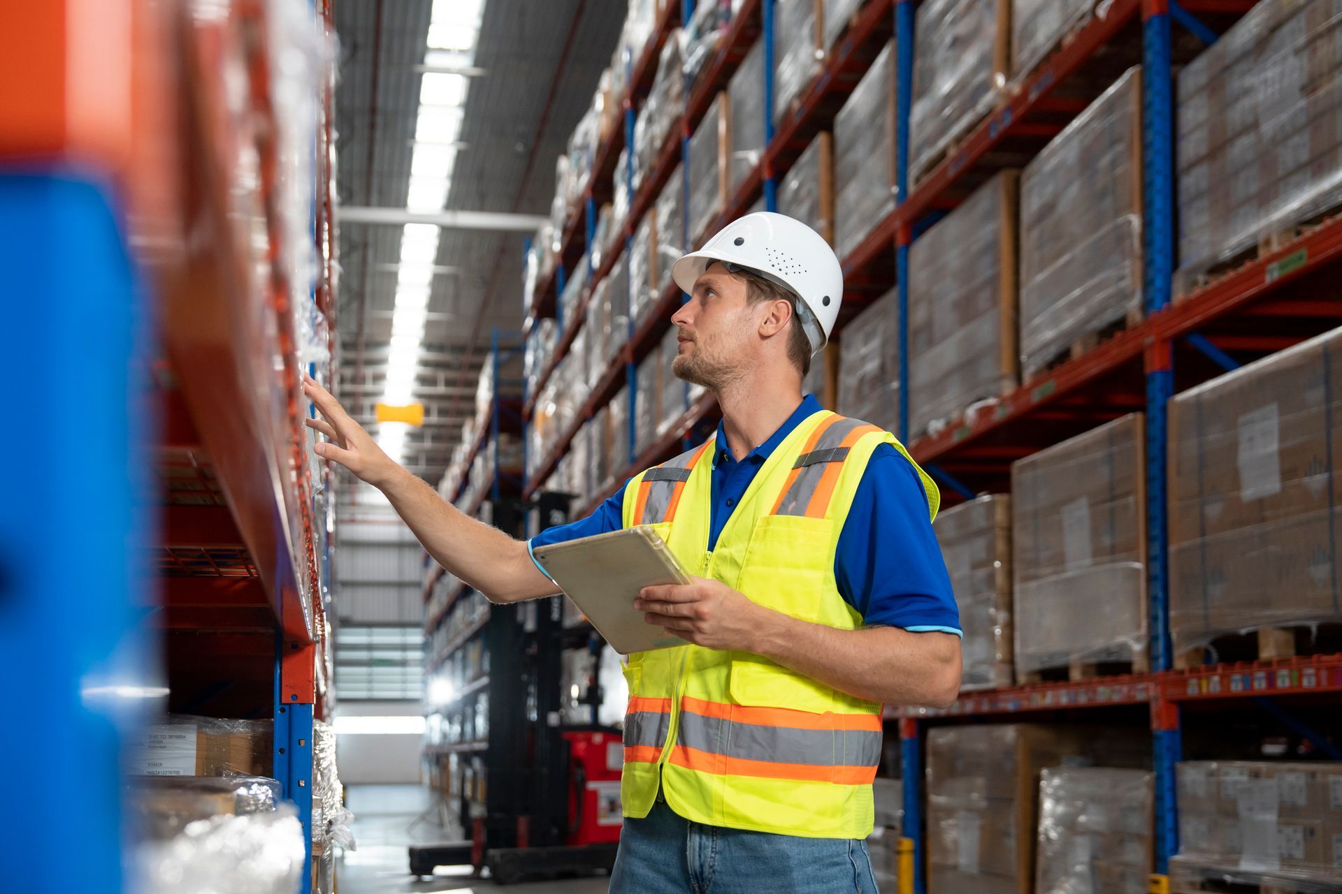 Warehouse worker in a hard hat and vest checking inventory on shelves.