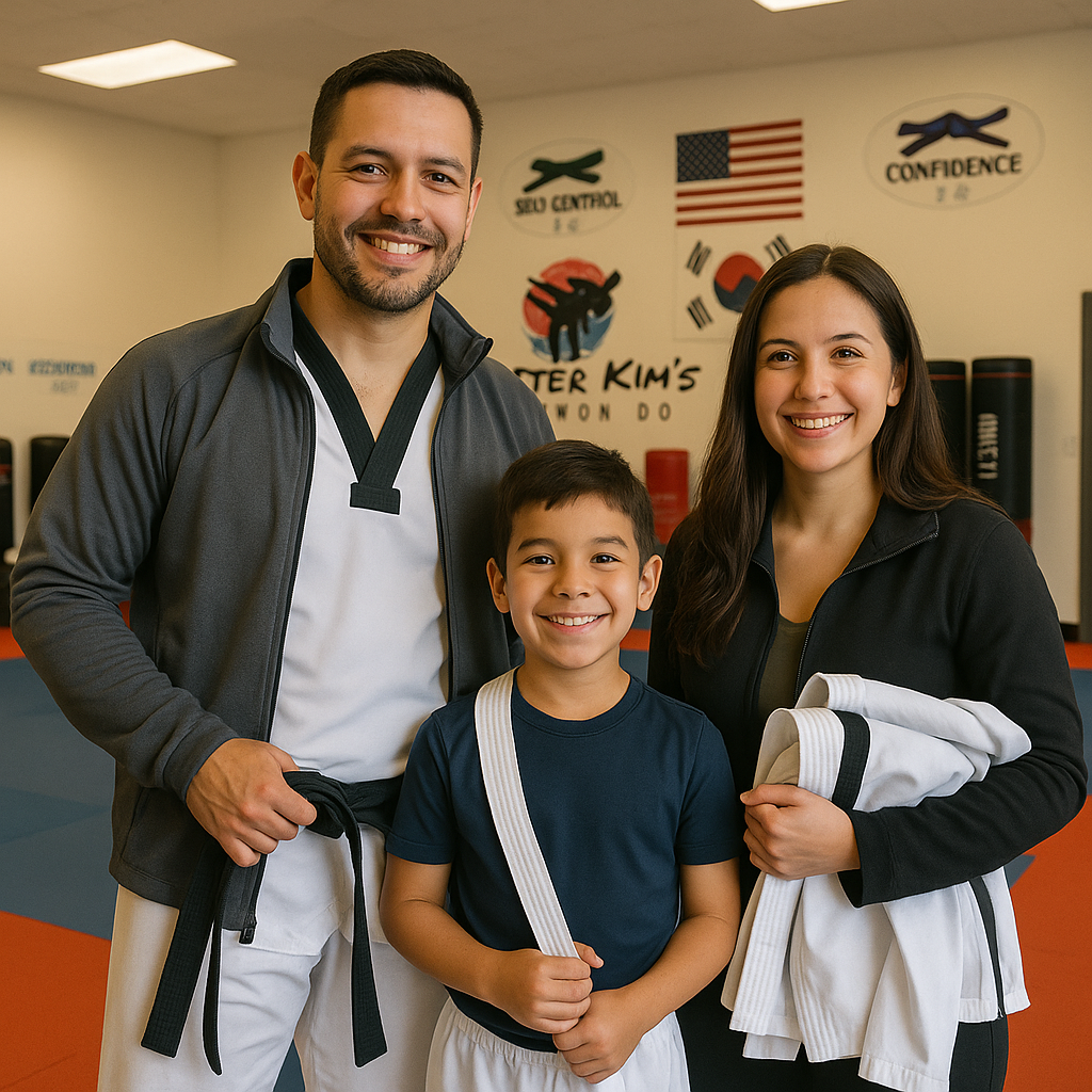 A man a woman and a child are posing for a picture at Master Kim's Tae Kwon Do in Meridian ID
