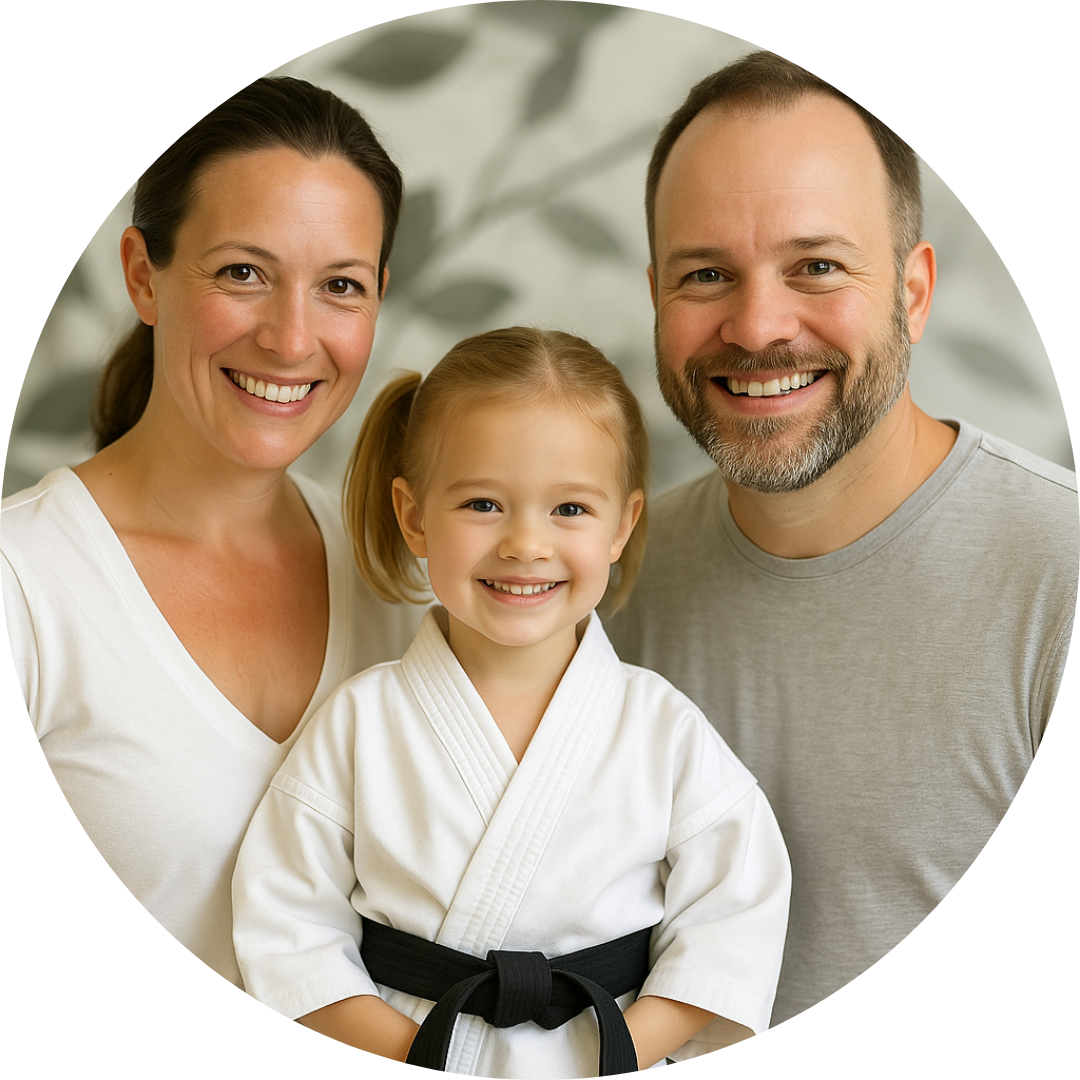 A man and woman are posing for a picture with a little boy in a karate uniform