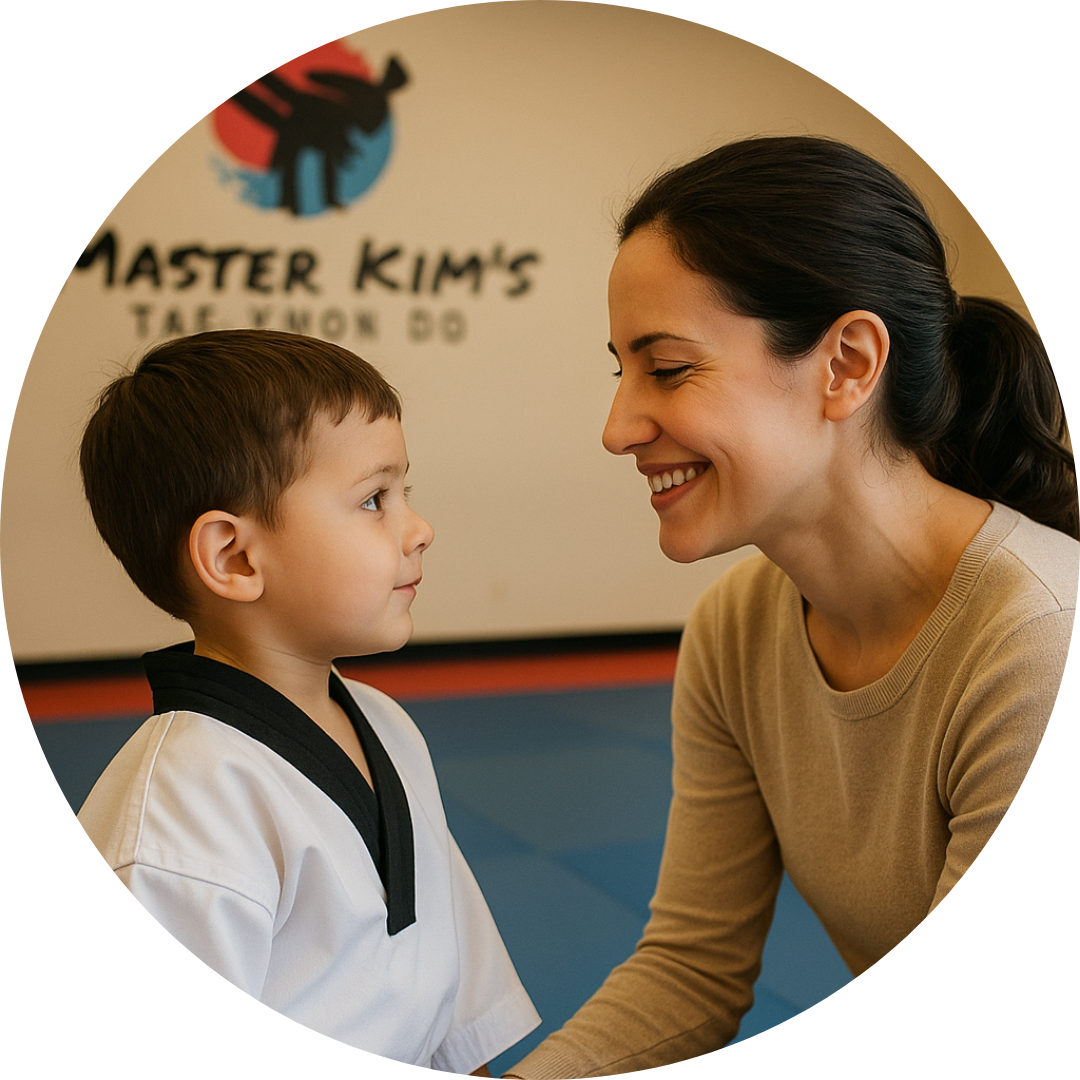A woman and a young boy are looking at each other in a circle.