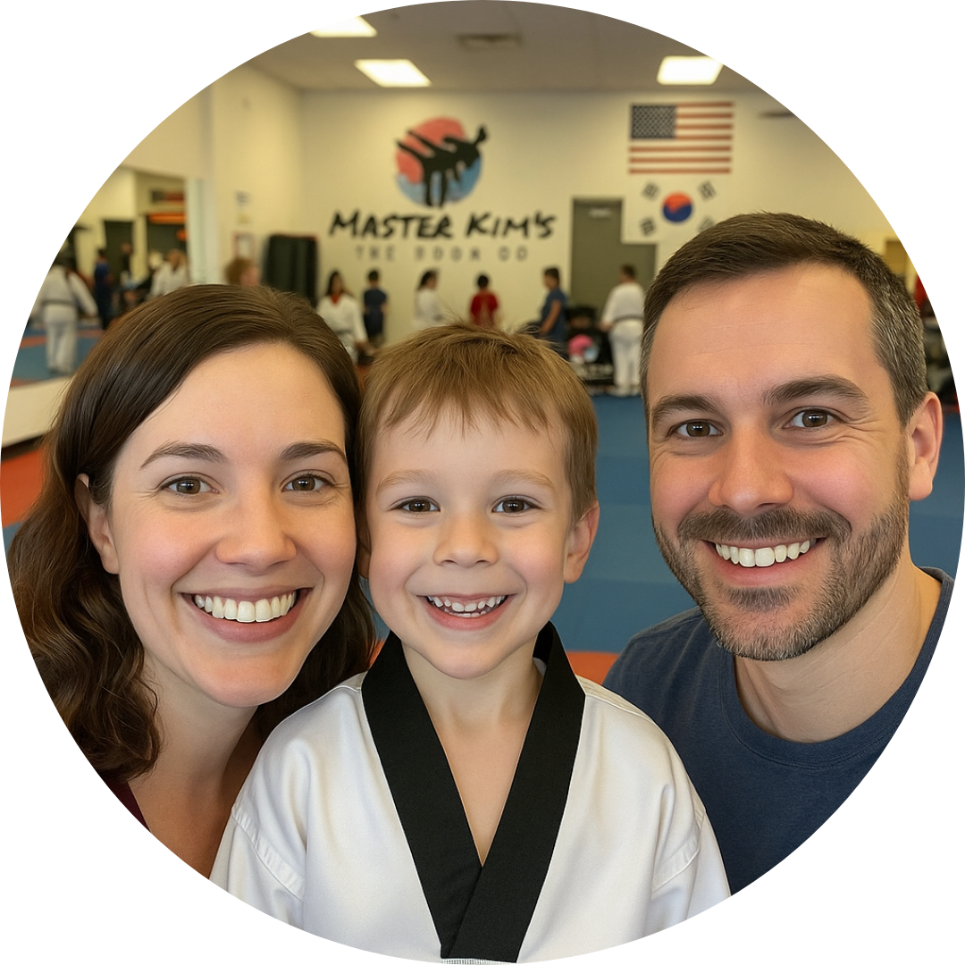 A man and woman are holding a little boy in a karate uniform.