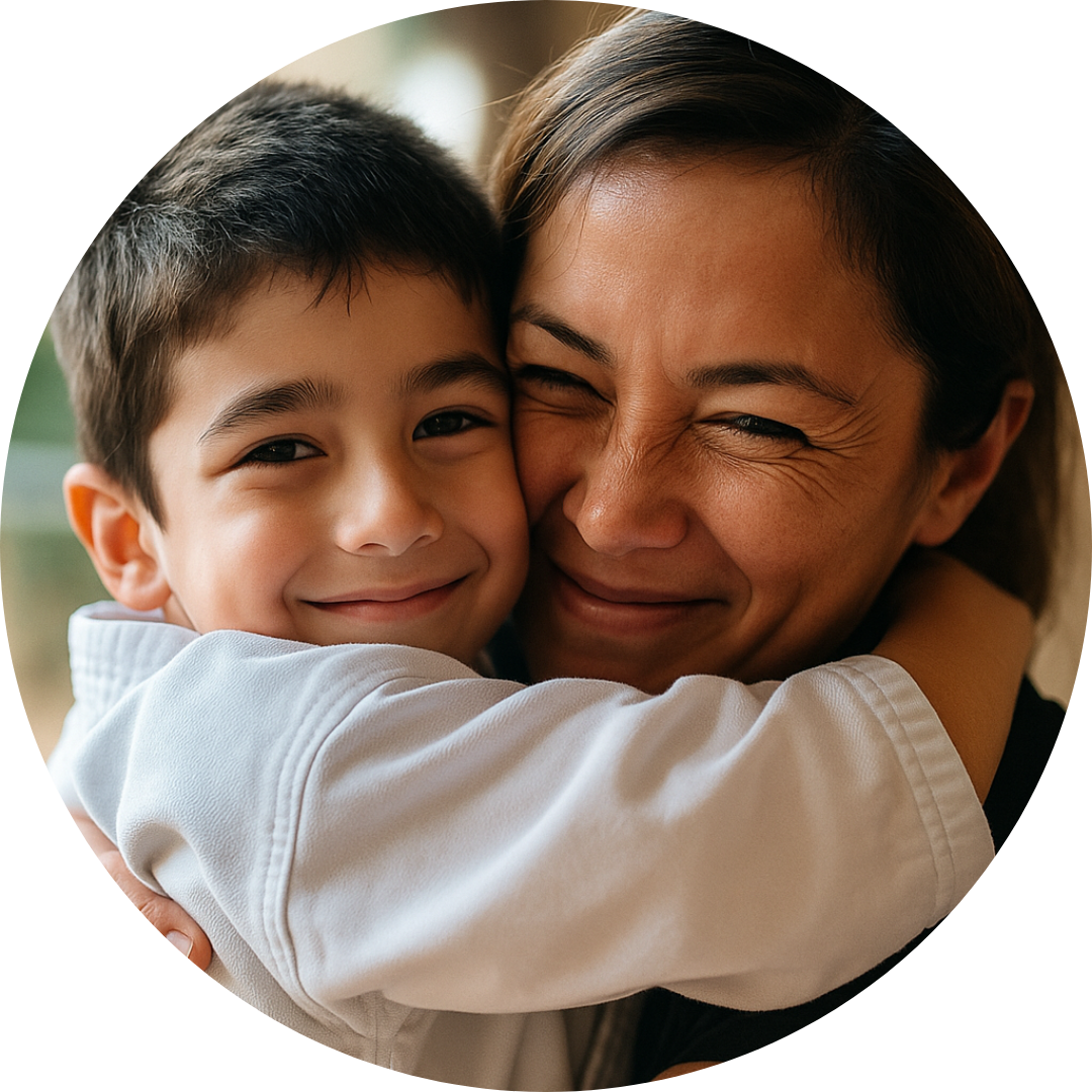 A woman is holding a child who is wearing a purple belt