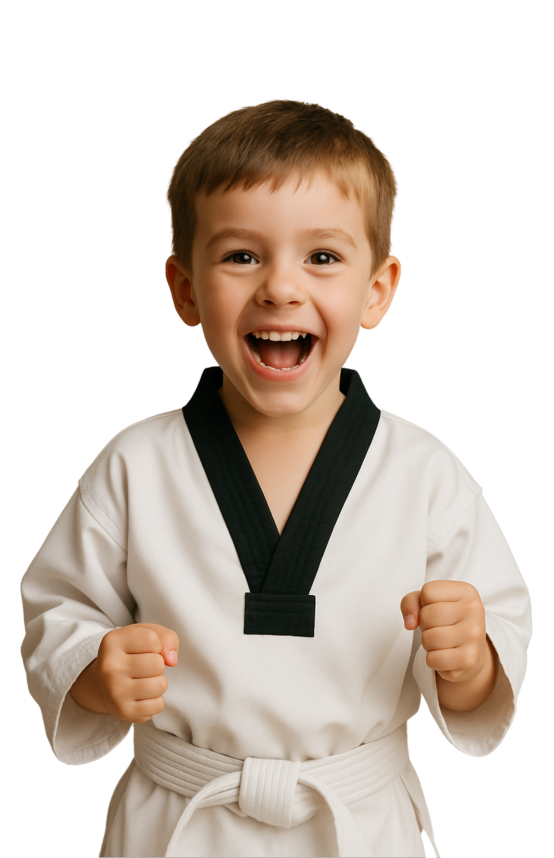 A young boy in a white karate uniform is raising his arms in the air.