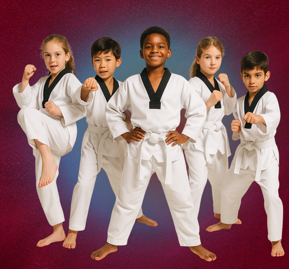 A group of children in karate uniforms at Master Kim's tae kwon do in Meridian, ID