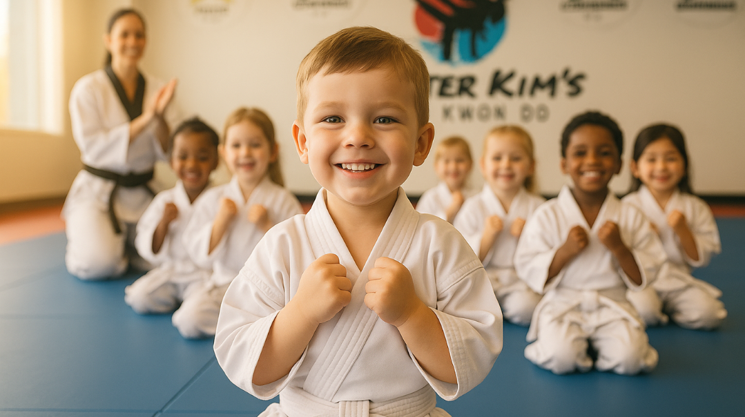 A group of young children are practicing karate and tae kwon do in Meridian ID, master kim's