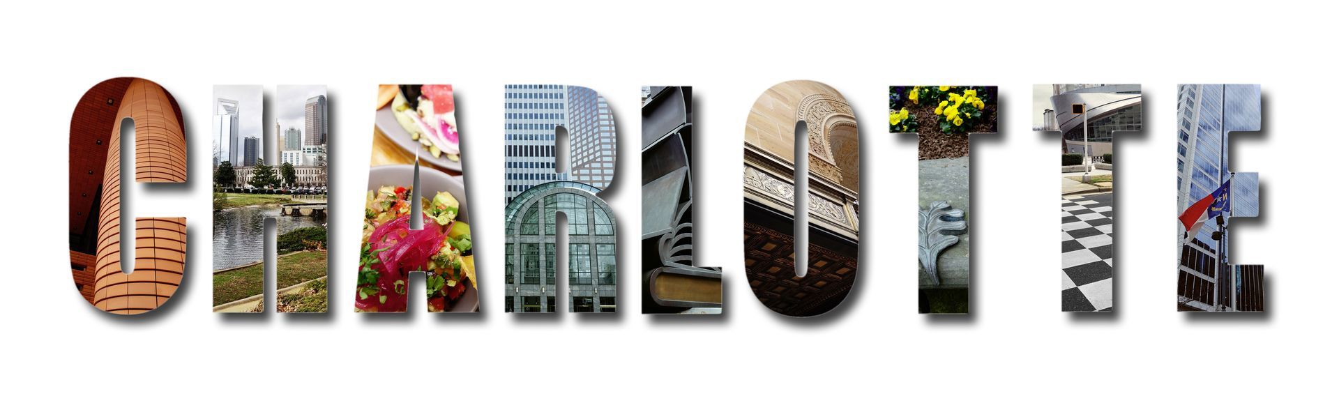 Decorative word “CHARLOTTE” in large patterned letters with colorful flower and cityscape textures.