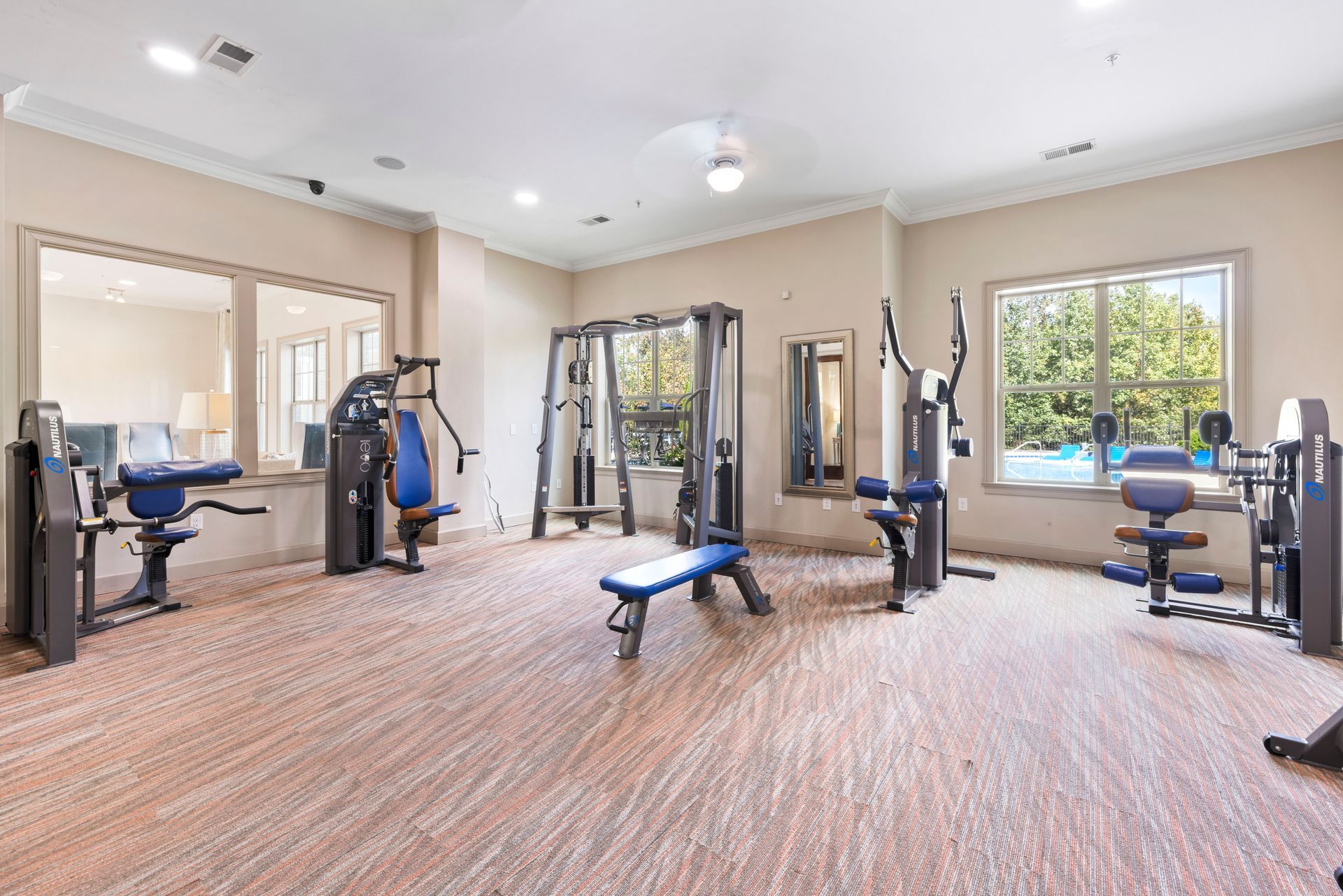Fitness center at Silver Collection at Waterford in Huntersville, NC.