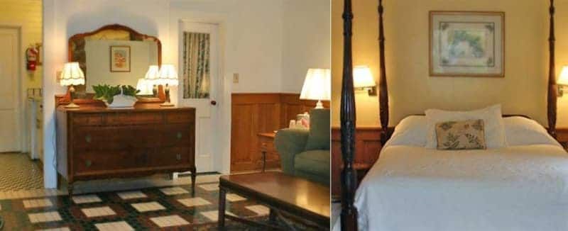 A bedroom with a four poster bed and a dresser