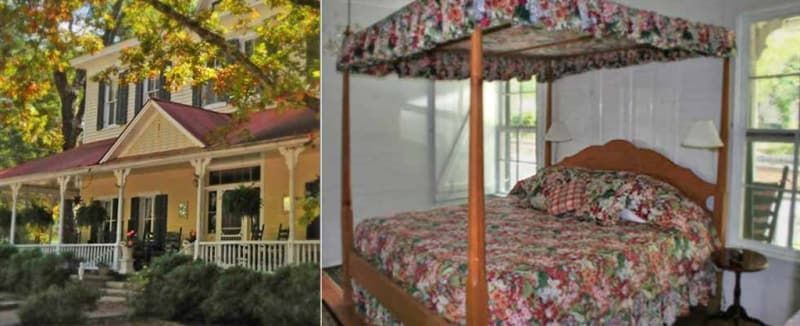 A picture of a house and a picture of a bed with a canopy.