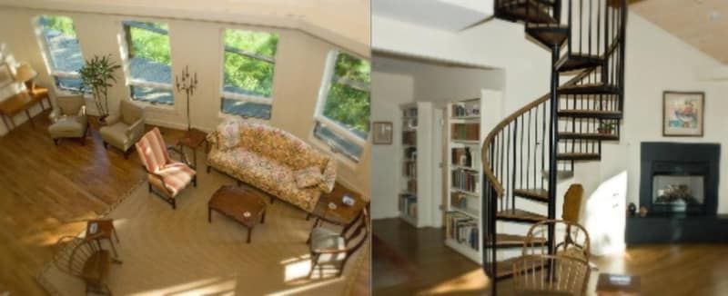 Two pictures of a living room and a spiral staircase