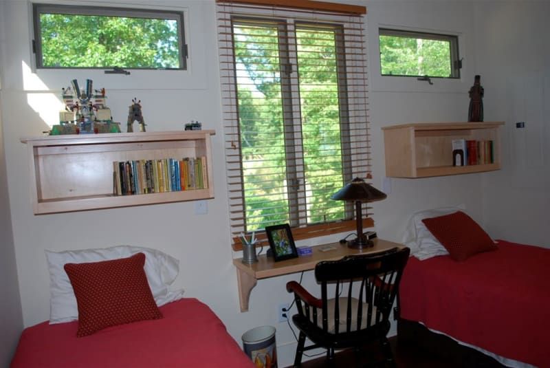 A bedroom with two twin beds and a desk