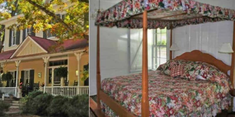 A picture of a house and a picture of a bed with a canopy.