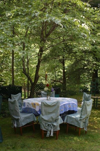 A table and chairs in the middle of a forest