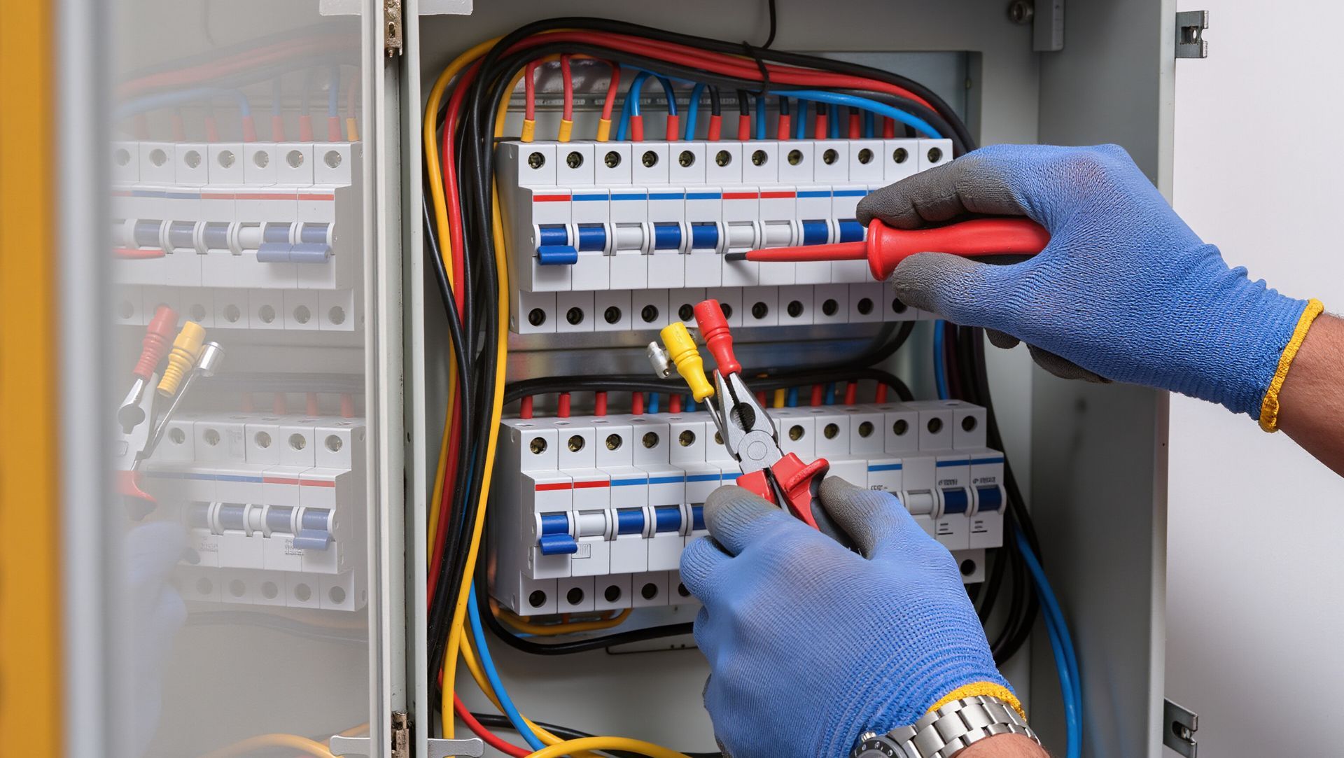 Electrician in yellow vest and hard hat working on a gray electrical panel on a white wall.