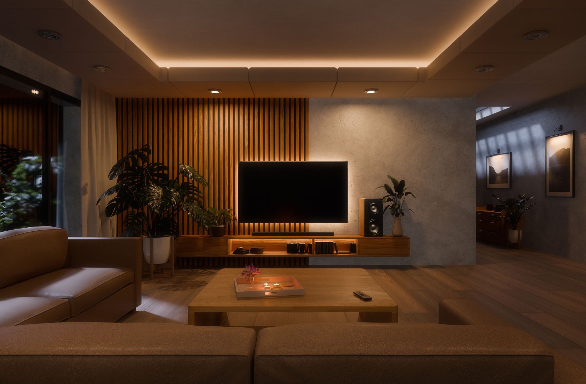 Cozy living room with wood accents, large TV, and ambient lighting. A sofa and coffee table are in the foreground.