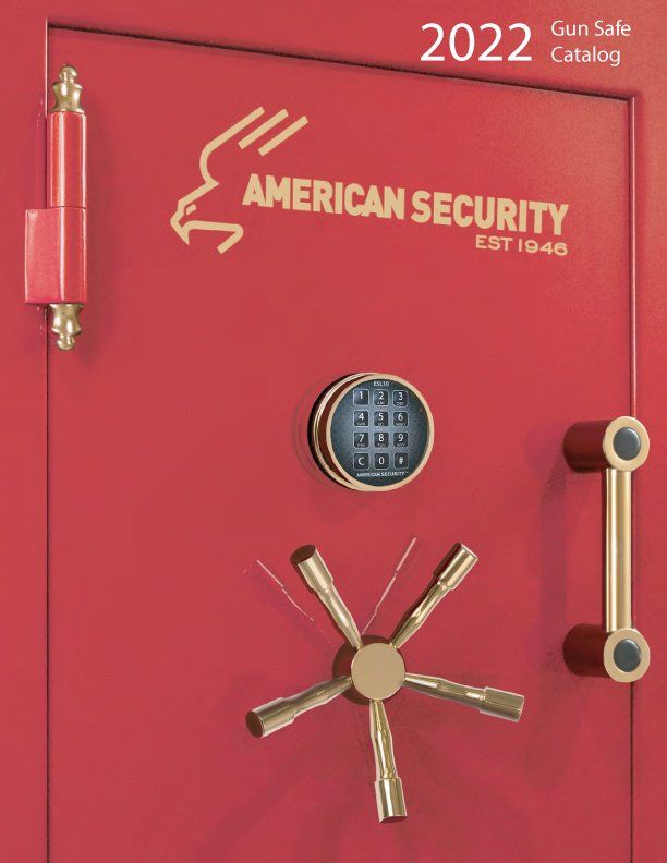 Red American Security gun safe door with gold hardware and a combination lock. The year 2022 is in the top left.