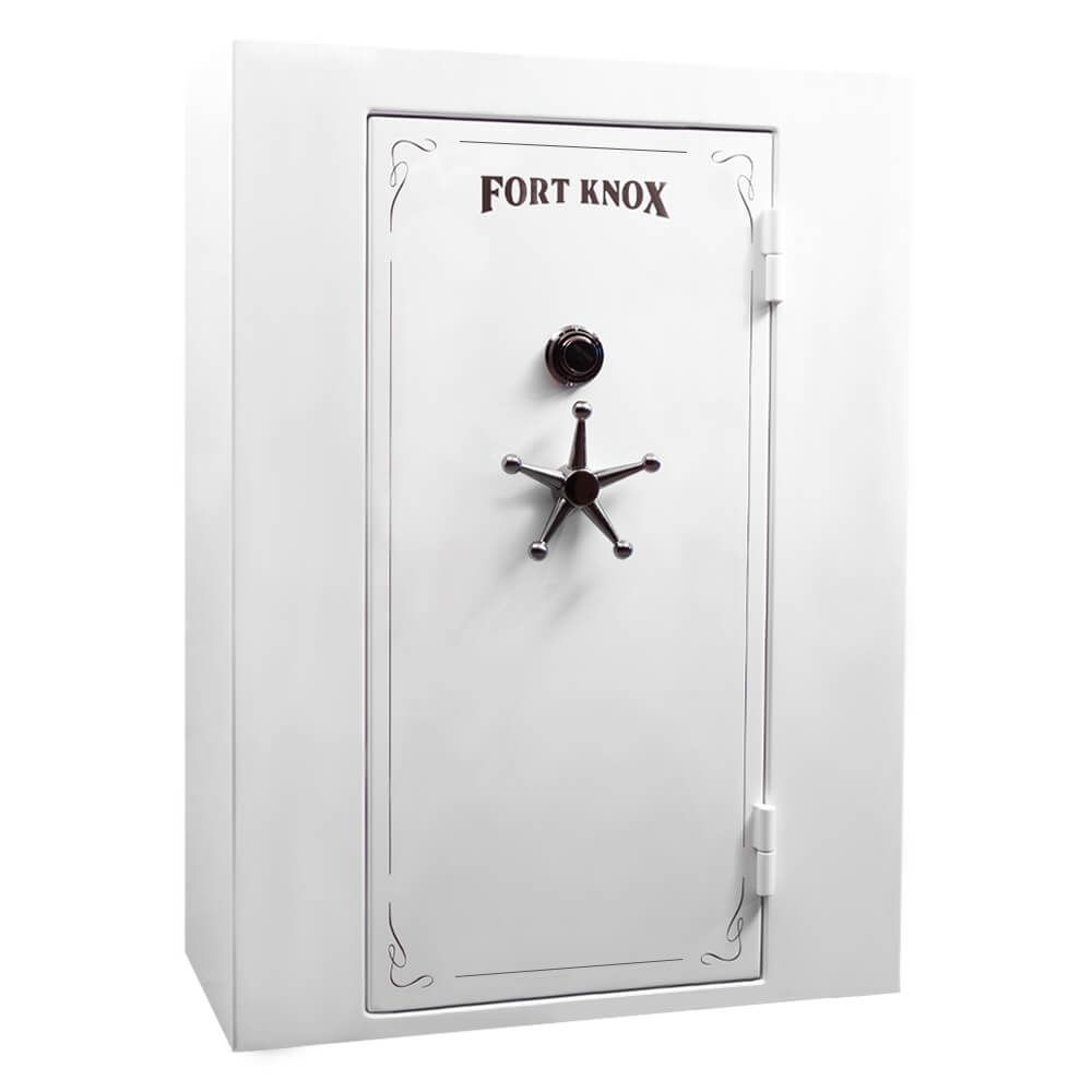 White Fort Knox gun safe with a black handle and lock, in a well-lit setting.
