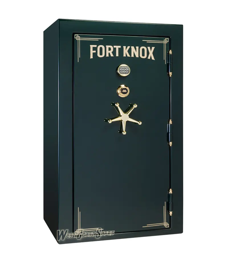 Dark green Fort Knox safe with gold accents.