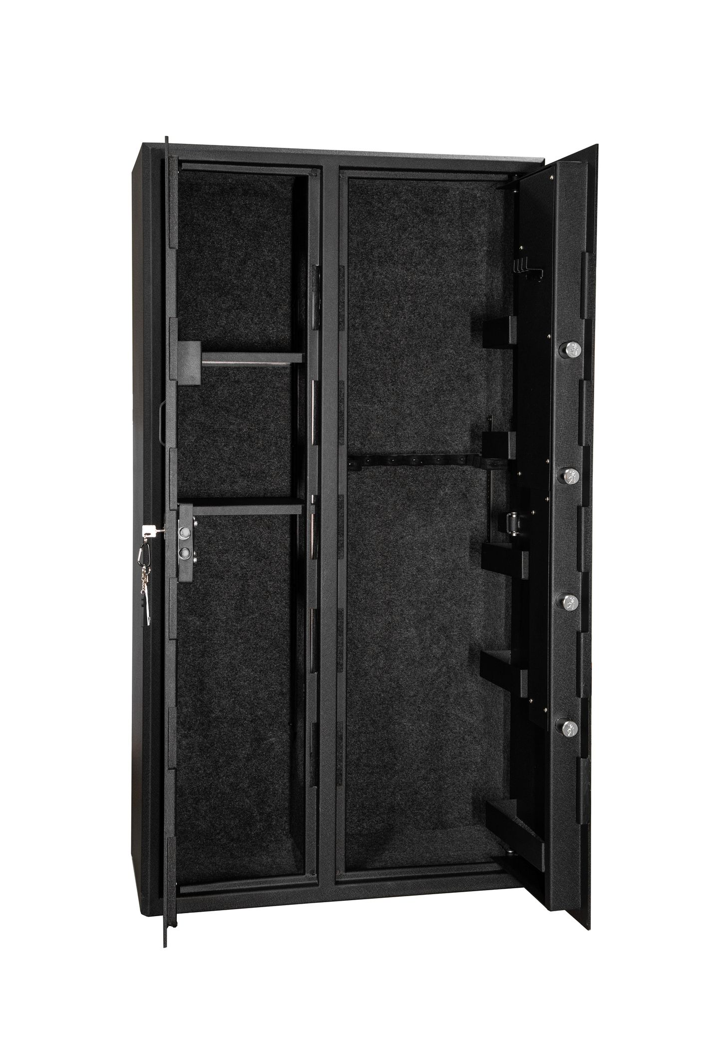 A black metal safe with two doors for weapons. A black metal safe with two doors for weapons.