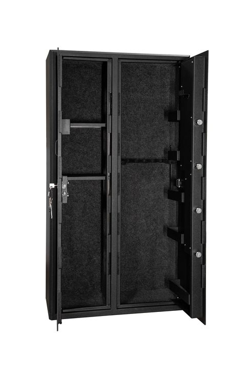 A black metal safe with two doors for weapons. A black metal safe with two doors for weapons.