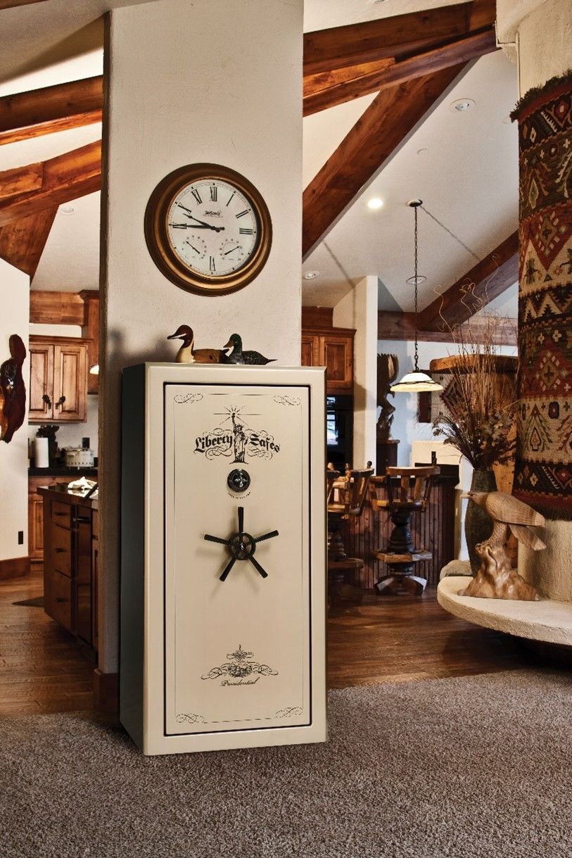 A large white safe with a combination lock