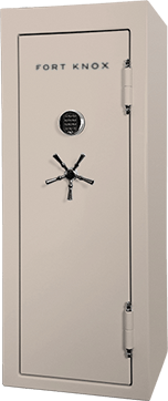 A beige Fort Knox gun safe with a combination lock and star-shaped handle. It stands upright with the door closed.