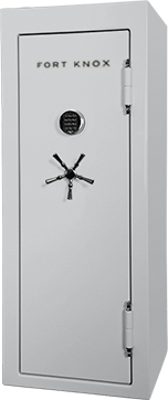 A tall, light gray Fort Knox gun safe with a combination dial and a multi-spoke handle.