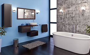 A stylish bathroom with a standalone bath
