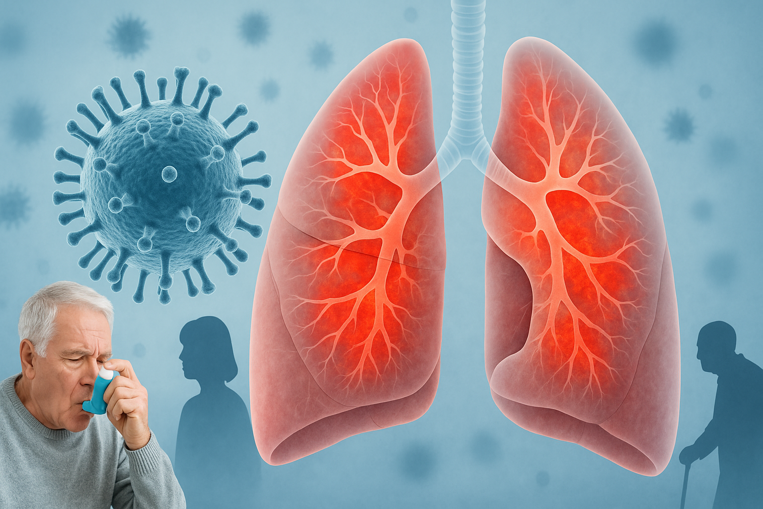 Vírus da influenza ao lado de um pulmão e um idoso com DPOC descompensado