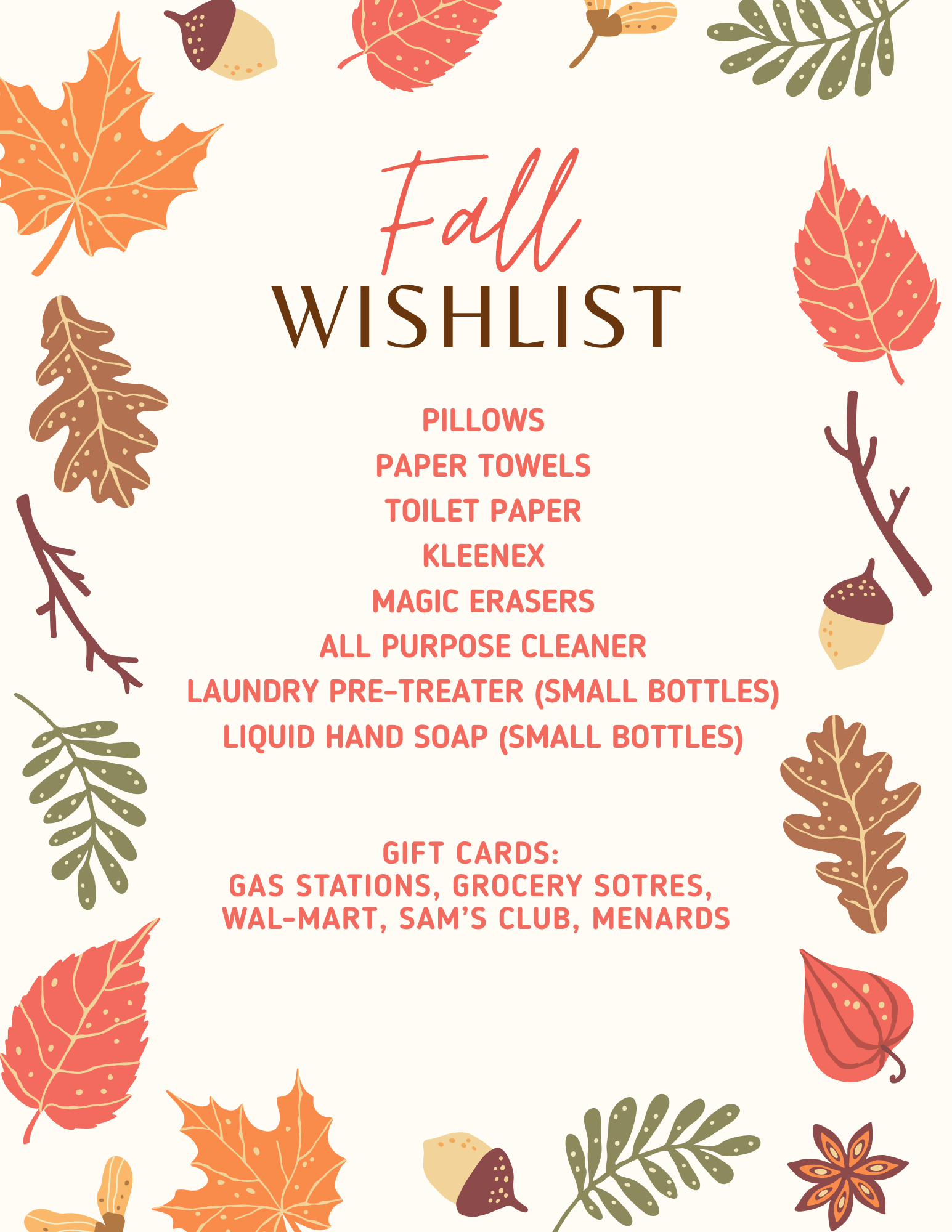 Fall wishlist with autumn leaves and gift card suggestions.