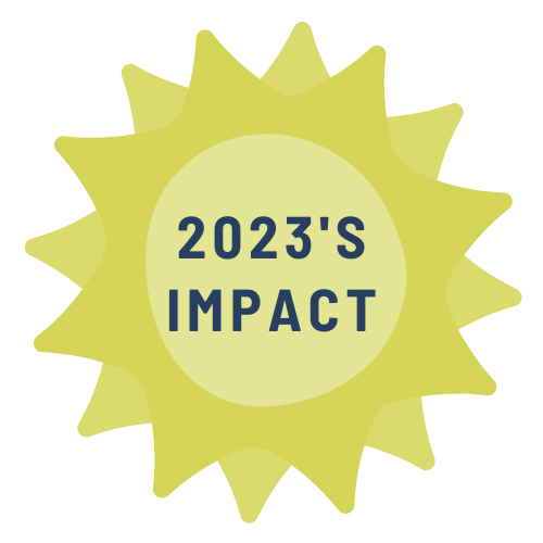 A yellow sun with the words `` 2023 's impact '' written inside of it.
