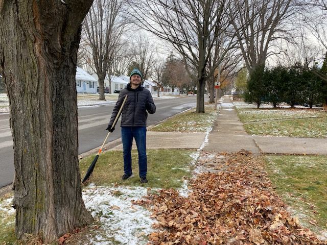 A man is raking leaves in front of a tree.