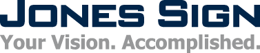 Jones Sign logo: navy text on white background, 