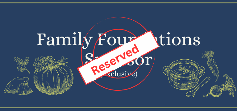Banner for Family Foundations sponsor; reserved. Blue background with food illustrations.