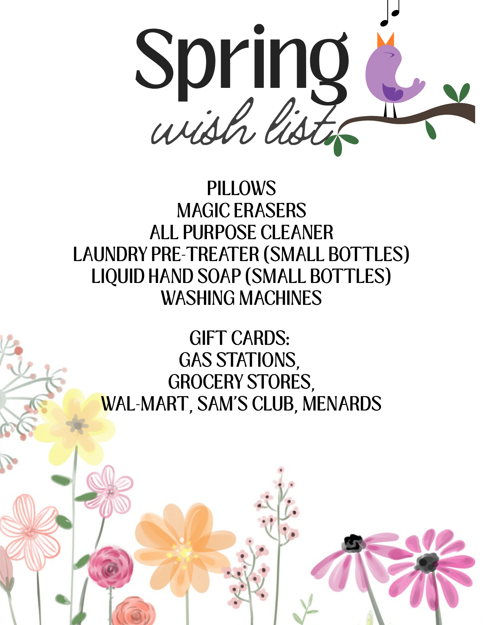 Blue poster with a winter wish list: pillows, paper towels, Kleenex, gift cards, etc. Penguins and snowflakes.